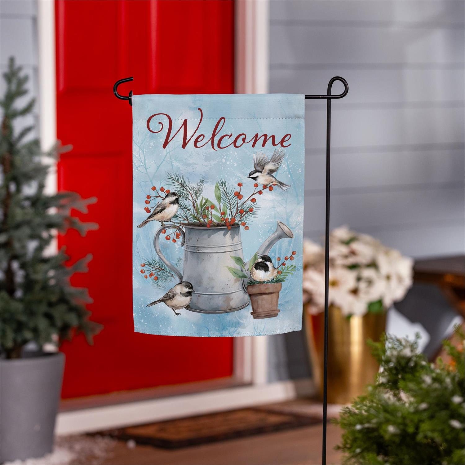 Snowbirds Chickadee Watering Can Suede Garden Flag