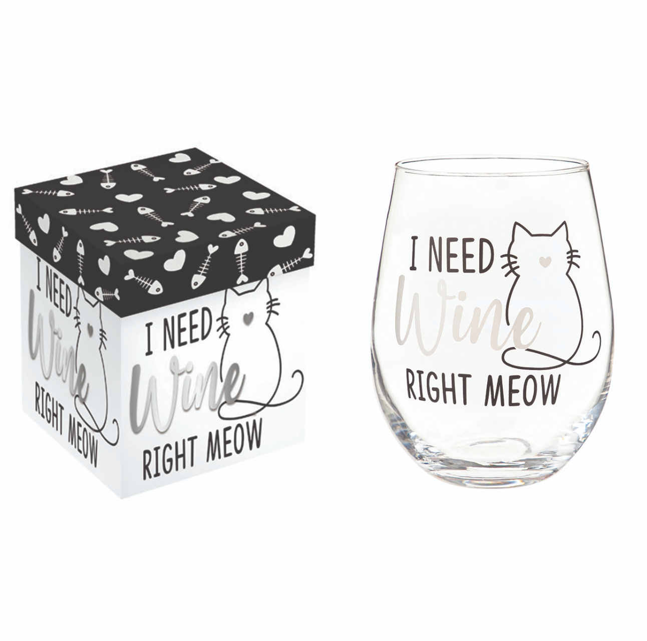 17 oz Stemless Glass w/ Gift Box- I Need Wine Right Meow - A. Dodson's