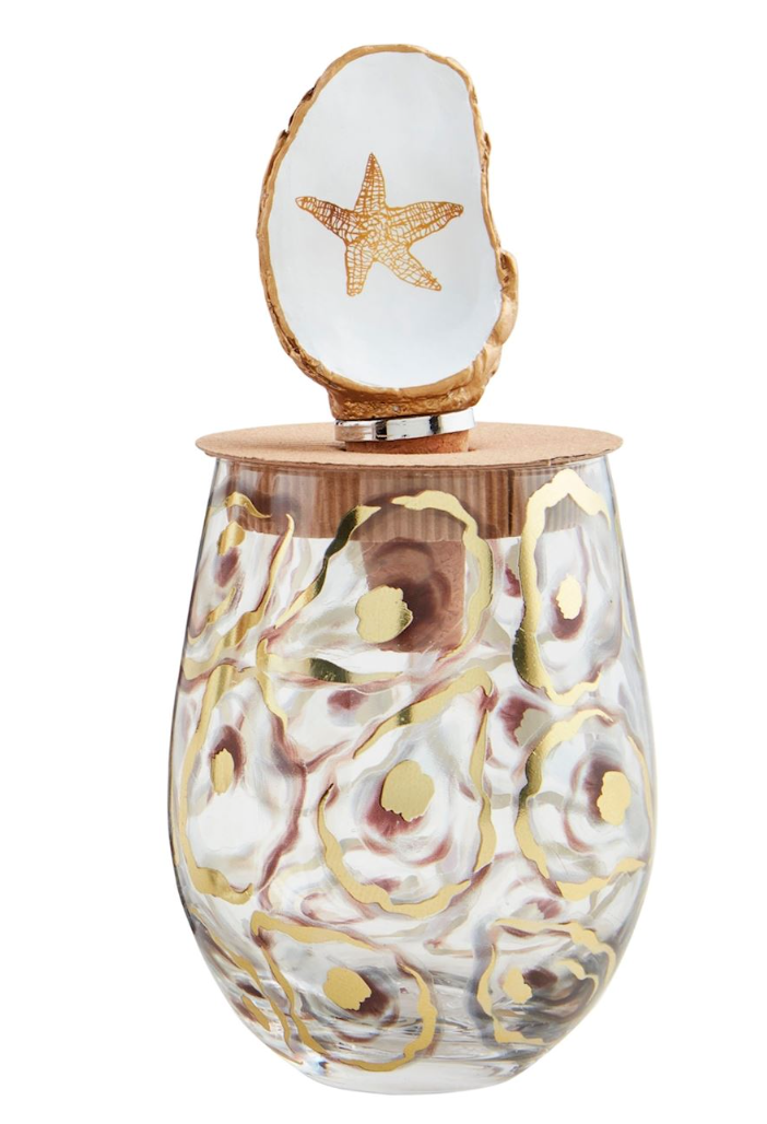 Oyster Pattern Wine Glass & Stopper Set By Mud Pie