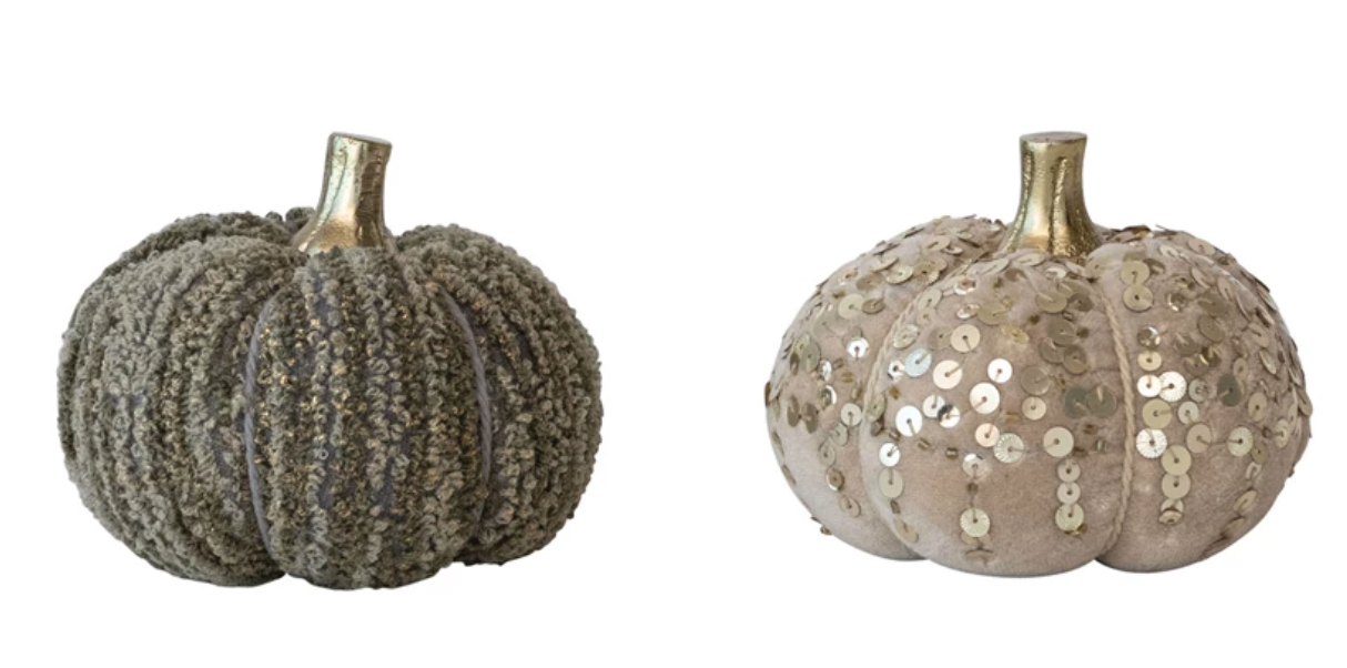 Large Handmade Cotton Velvet, Sequin/Bouclé & Aluminum Pumpkin, 2 Styles