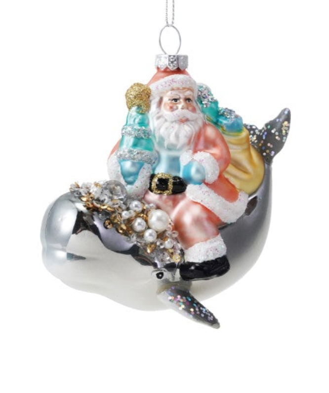 Santa Riding Sea Life Ornament with Glitter & Sequins, 3 Styles