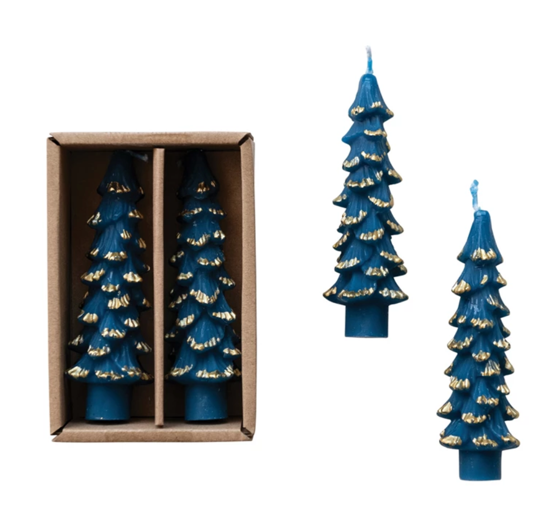Unscented Tree Shaped Taper Candles w/ Gold Tips in Box, Blue, Set of 2