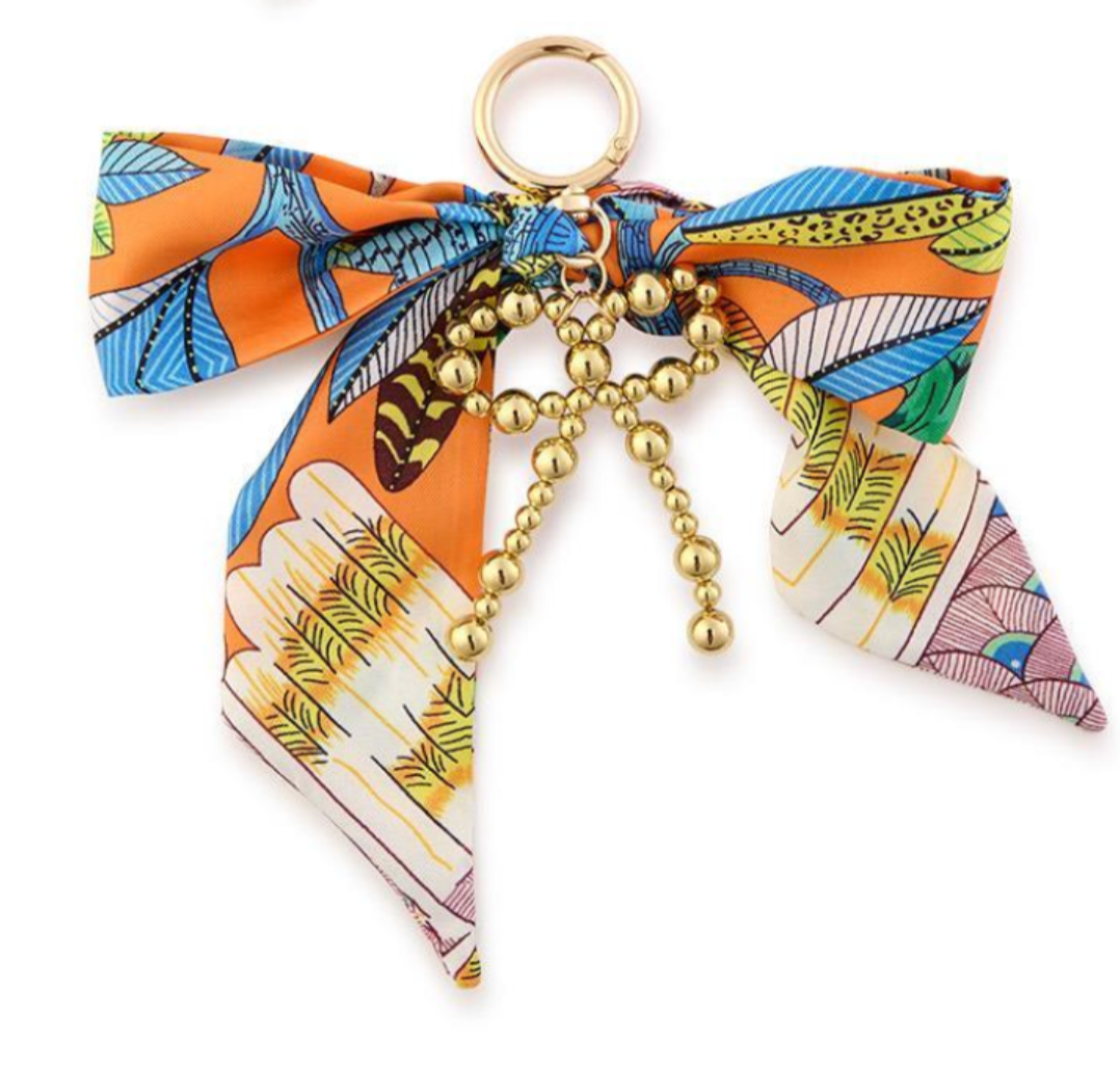 Scarf Bag Charm with a Gold Ball Bow