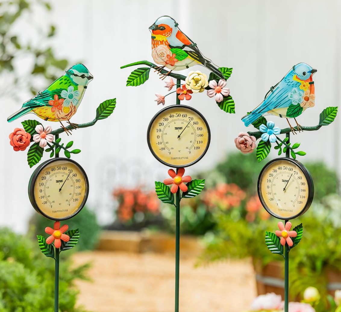 Metal Garden Bird Stake With Thermometer