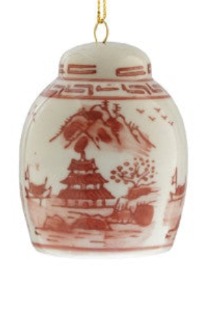 Hand-Painted Stoneware Ginger Jar Ornament, Burgundy & White, 6 Styles