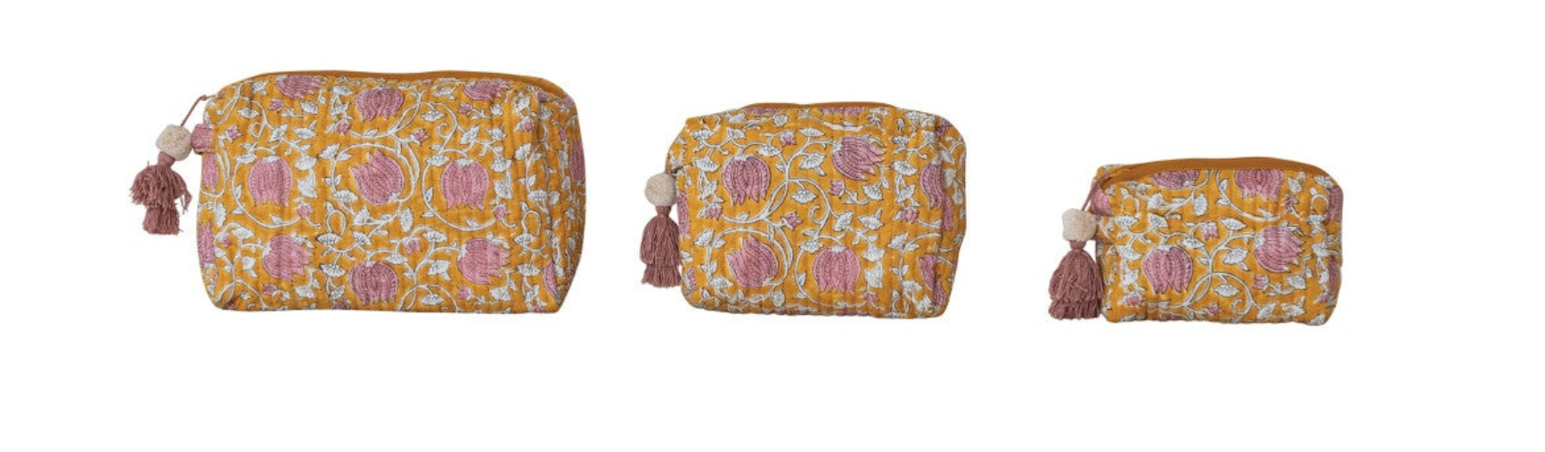 Quilted Cotton Voile Block Zip Pouches, Set of 3, 4 Colors