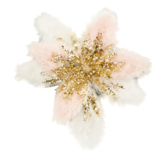 Faux Fur Poinsettia Clip-on Ornament with Glitter & Beads, 3 Colors
