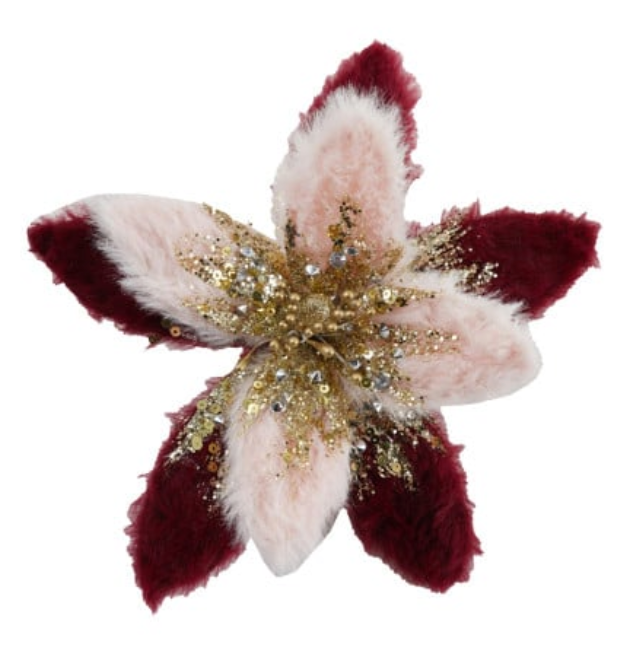 Faux Fur Poinsettia Clip-on Ornament with Glitter & Beads, 3 Colors