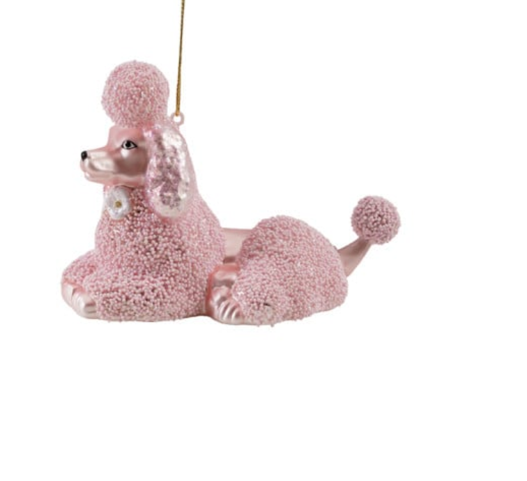 Hand-Painted Glass Vintage Reproduction Poodle Ornament with Beads, Pink, 2 Styles