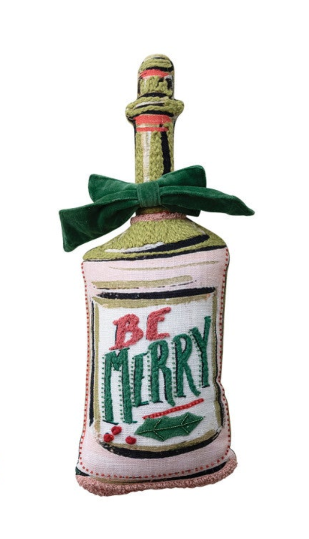Cotton Printed Bottle Shaped Pillow with Applique, Beads & Velvet Back, 3 Styles