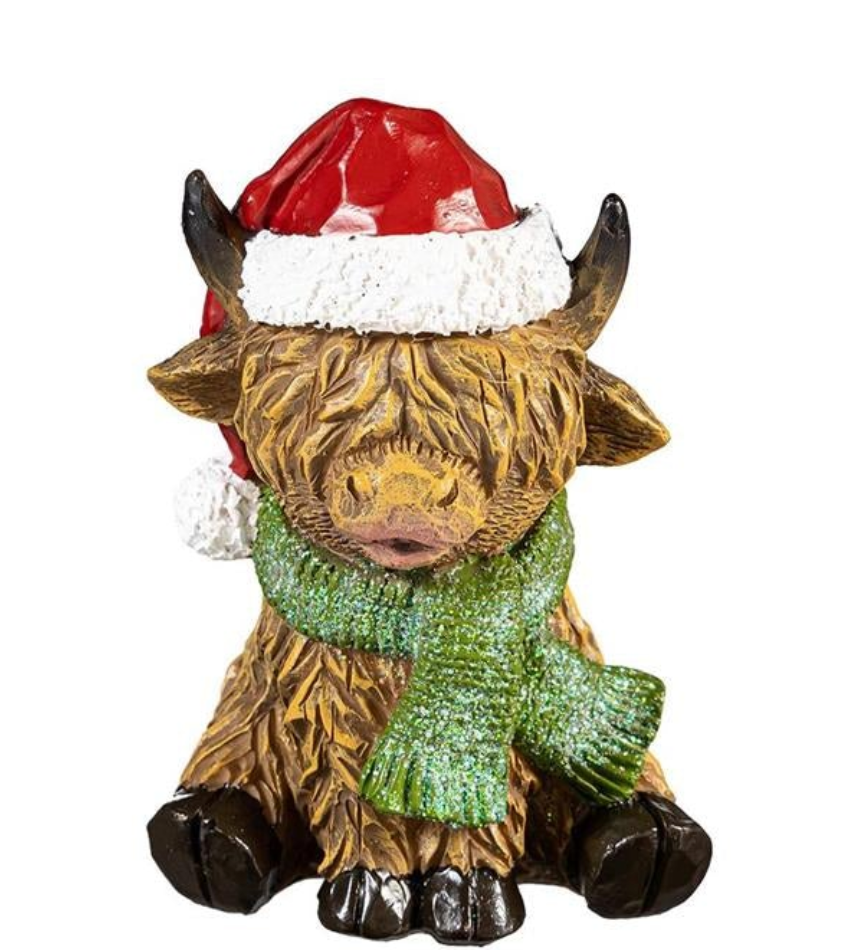 Holly Homestead Holiday Highland Cow Resin