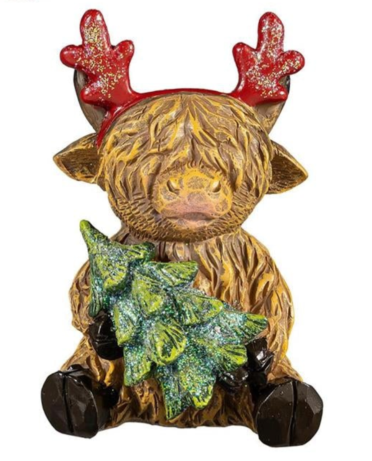 Holly Homestead Holiday Highland Cow Resin