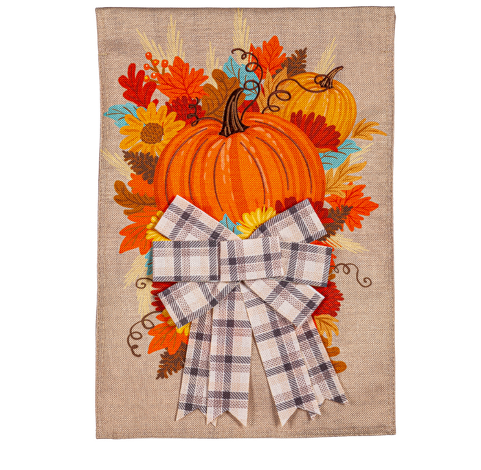 Pumpkin and Bow Garden Burlap Flag