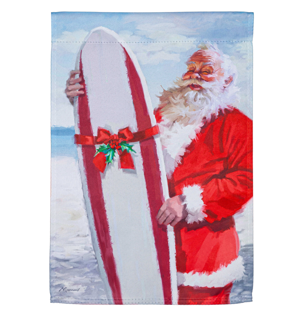 Santa with his Surfboard Suede Garden Flag - A. Dodson's