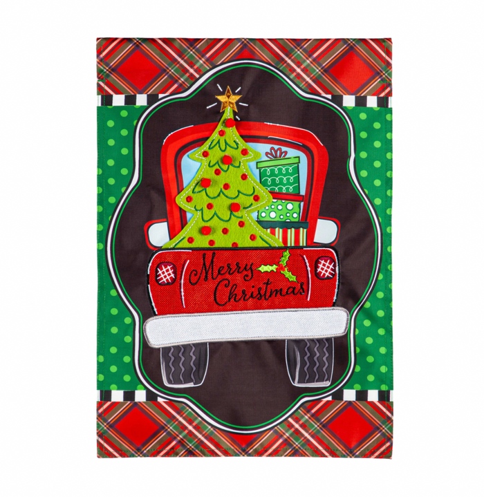 Patterned Christmas Truck Applique Garden Flag