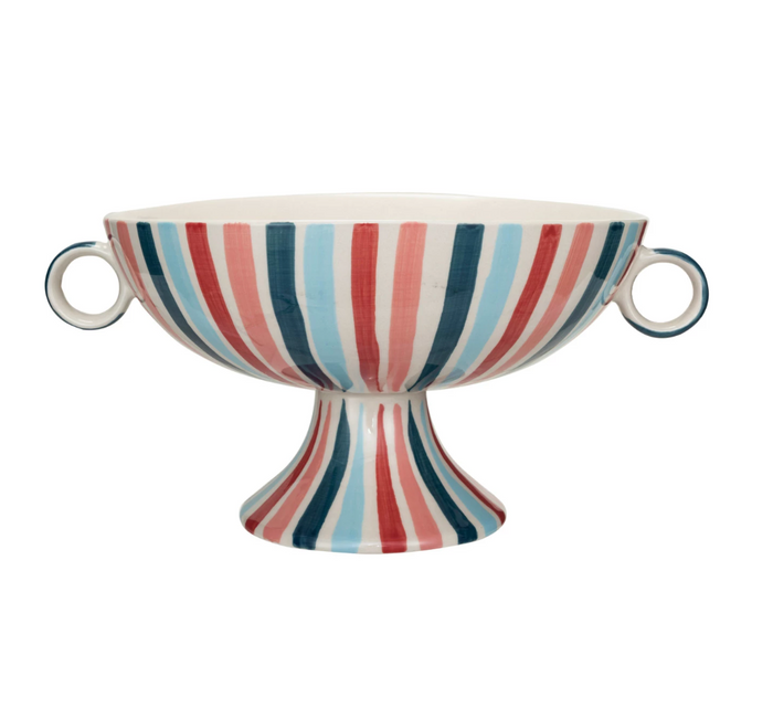Hand-Painted Stoneware Footed Bowl w/ Handles & Stripes