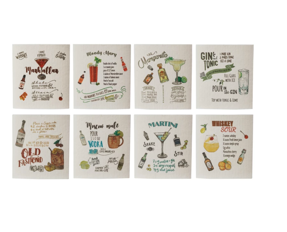 Reusable Cellulose Sponge Cloth w/ Cocktail Recipe & Art, 8 Styles - A. Dodson's