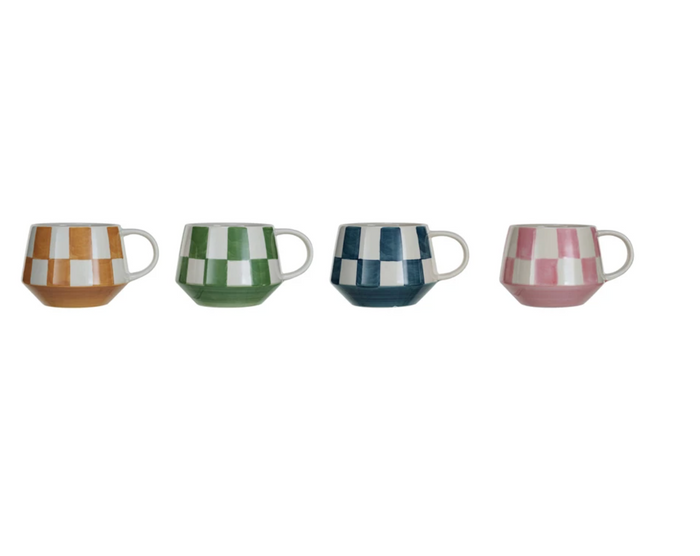 10 oz. Stoneware Mug w/ Check Pattern, 4 Colors