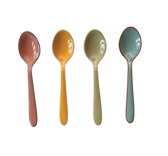 Enameled Stainless Steel Spoons w/ Colored Edge, 4 Colors, Set of 4
