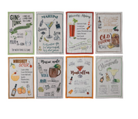 Cotton Chambray Printed Tea Towel w/ Cocktail Recipe & Art, 8 Styles