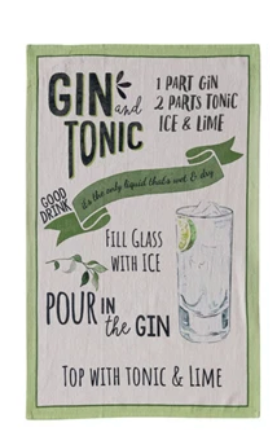 Cotton Chambray Printed Tea Towel w/ Cocktail Recipe & Art, 8 Styles - A. Dodson's