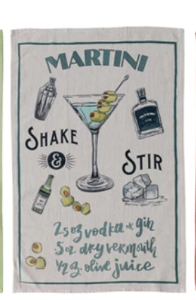 Cotton Chambray Printed Tea Towel w/ Cocktail Recipe & Art, 8 Styles - A. Dodson's