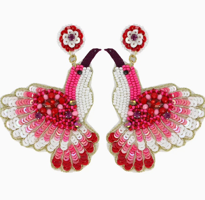 2 Tier Sequin & Beaded Hummingbird Dangle Earrings