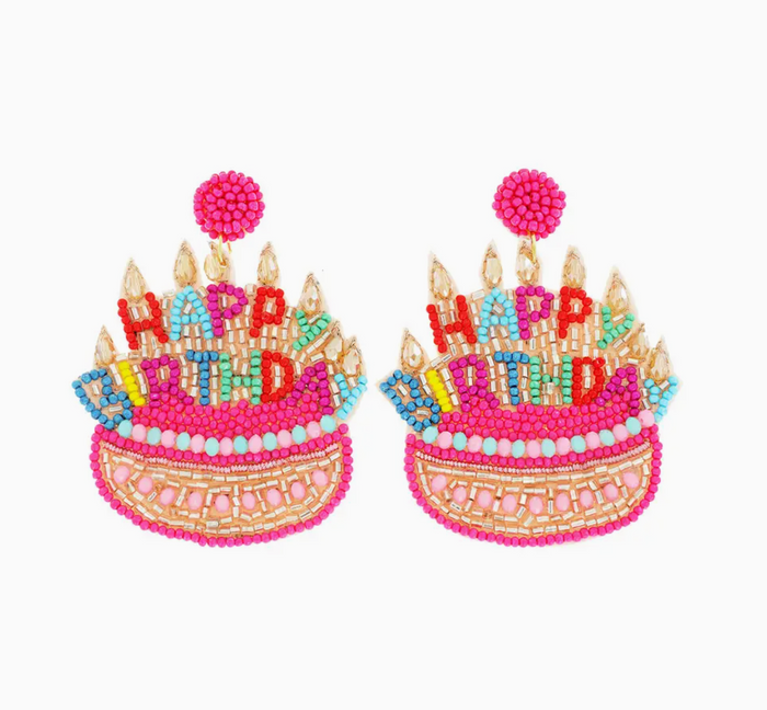 Beaded & Jeweled "Happy Birthday" Cake Dangle Earrings - Pink