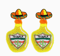 Seed Beaded Tequila Bottle w/ Sombrero Dangle Earrings