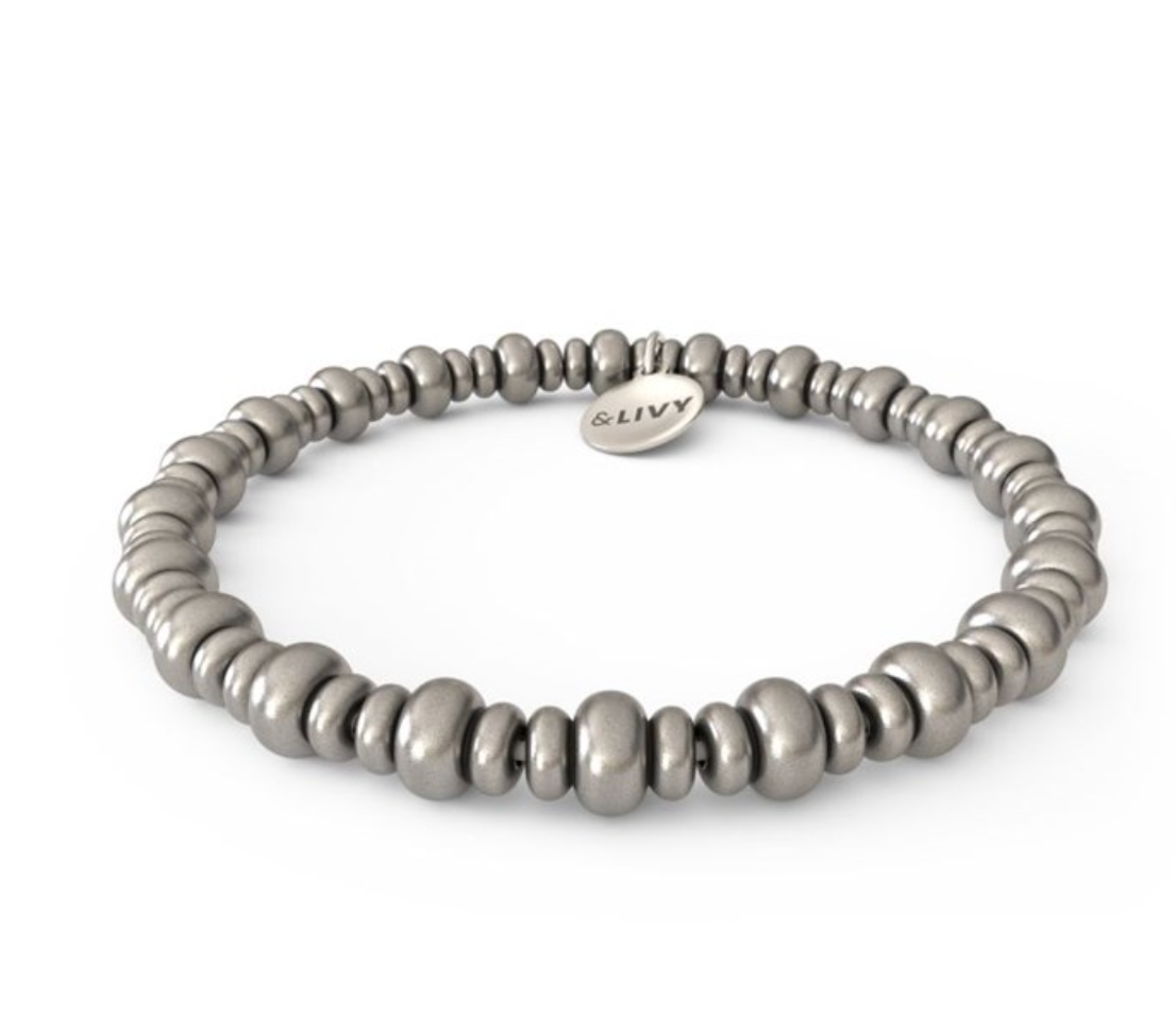 Triple Rondelle Beaded Stretch Bracelet - Antique Silver Finish by &Livy - A. Dodson's