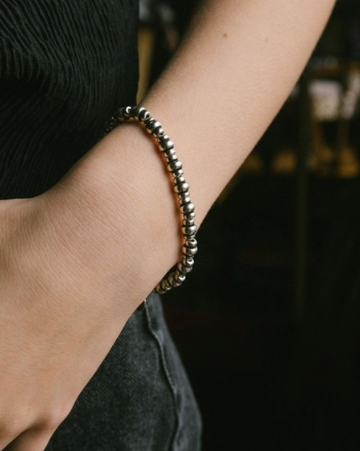 Triple Rondelle Beaded Stretch Bracelet - Antique Silver Finish by &Livy - A. Dodson's