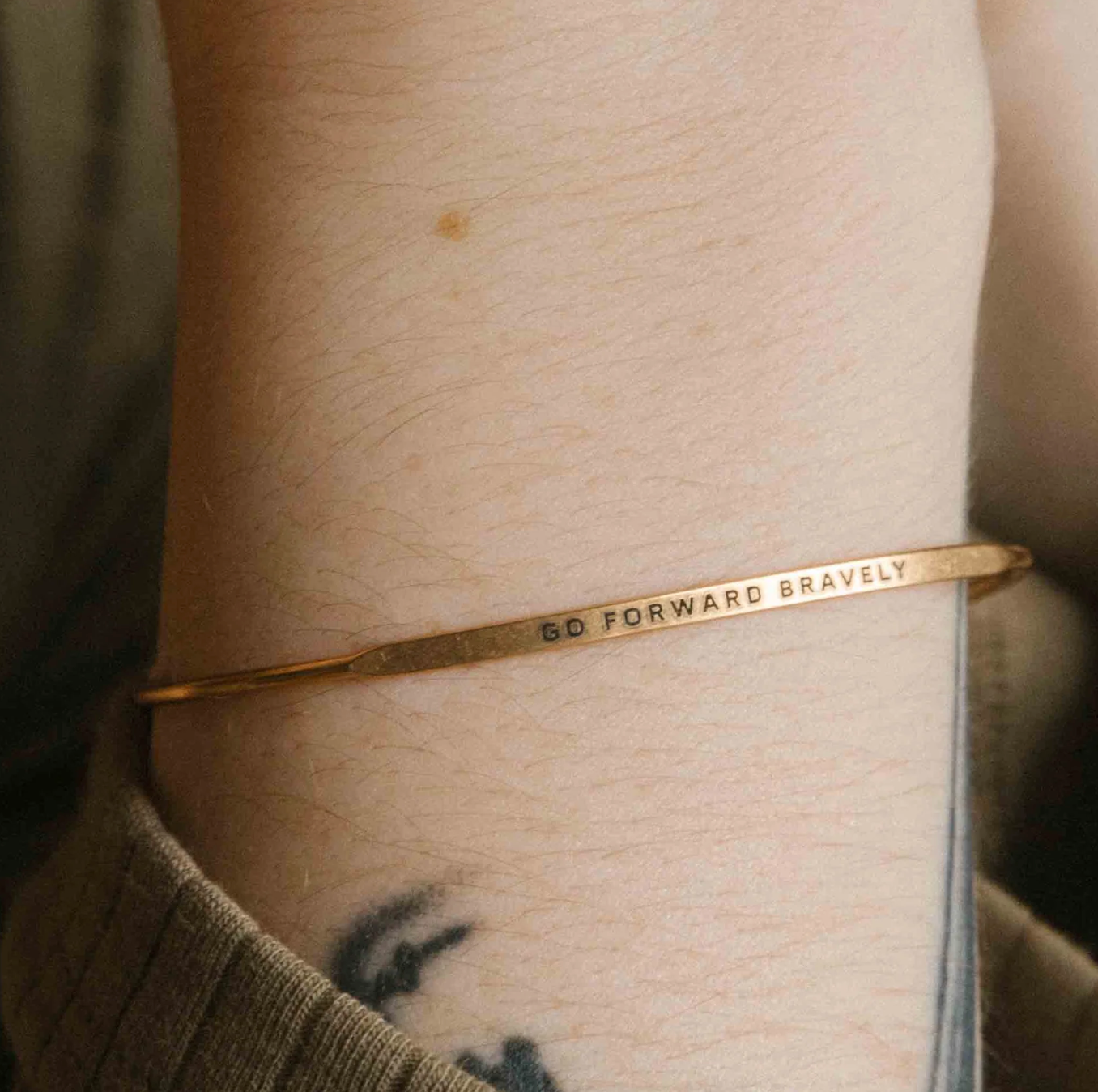Posy - Go Forward Bravely Bangle - Antique Gold Finish by &Livy - A. Dodson's