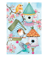 Birdhouse & Birds on Cherry Blossoms Linen Garden Flag