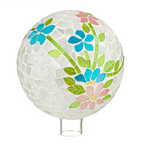 10" Mosaic Glass Gazing Ball, White with Blue and Pink Flowers