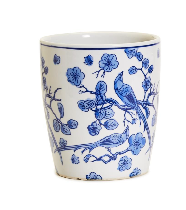 BLUE AND WHITE BLOSSOM BIRD HAND PAINTED PLANTER - 2 SIZES - A. Dodson's