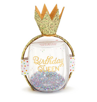 Birthday Queen Double Wall Glitter Stemless Wine Glass and Glitter Crown Headband