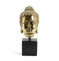 Golden Buddha Head on Black Pedestal Stand
