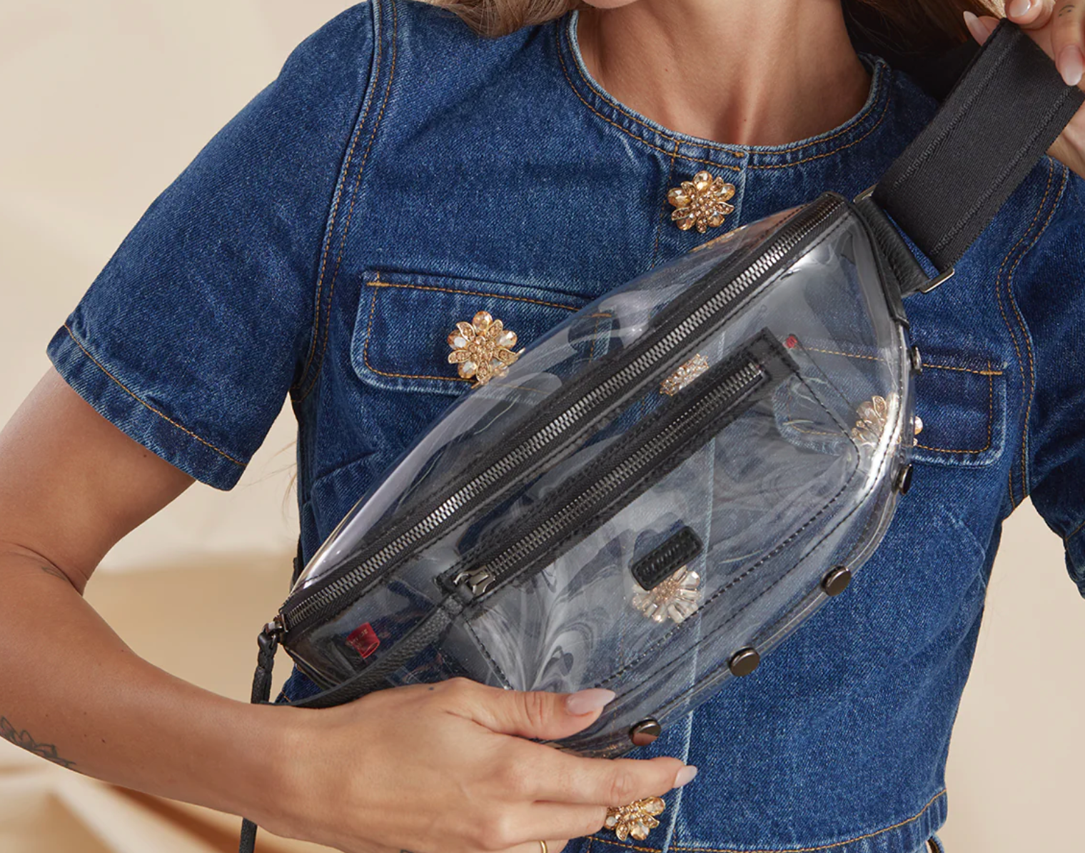 Hammitt Charles Medium Leather Belt Bag in Clear Black with Gunmetal - A. Dodson's