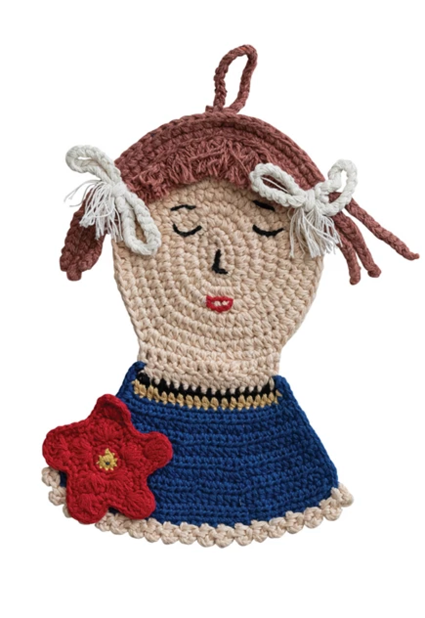 Cotton Crocheted Girl Shaped Pot Holder with Flower, 2 Styles