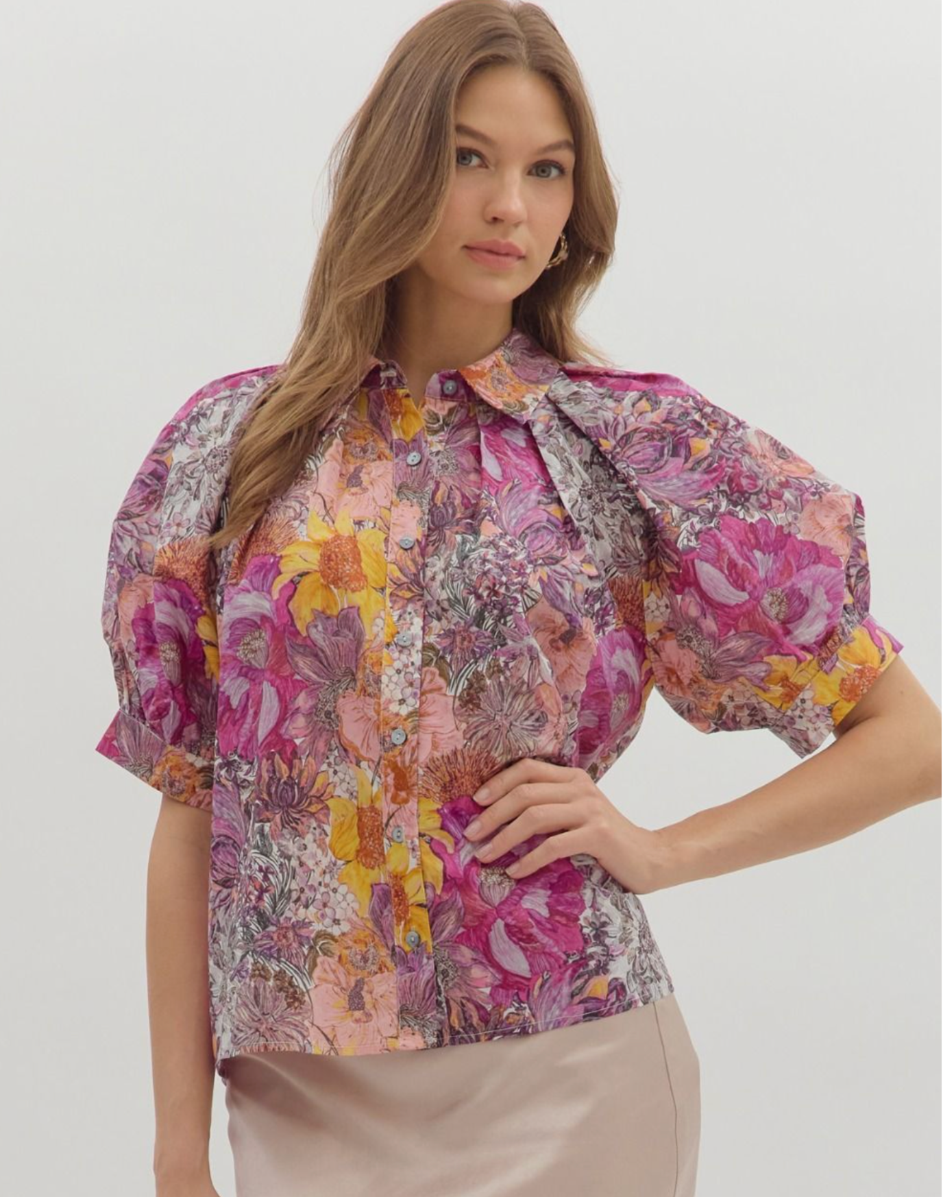 Penny Multi-Floral Print Pleated Raglan Puff Sleeve Top