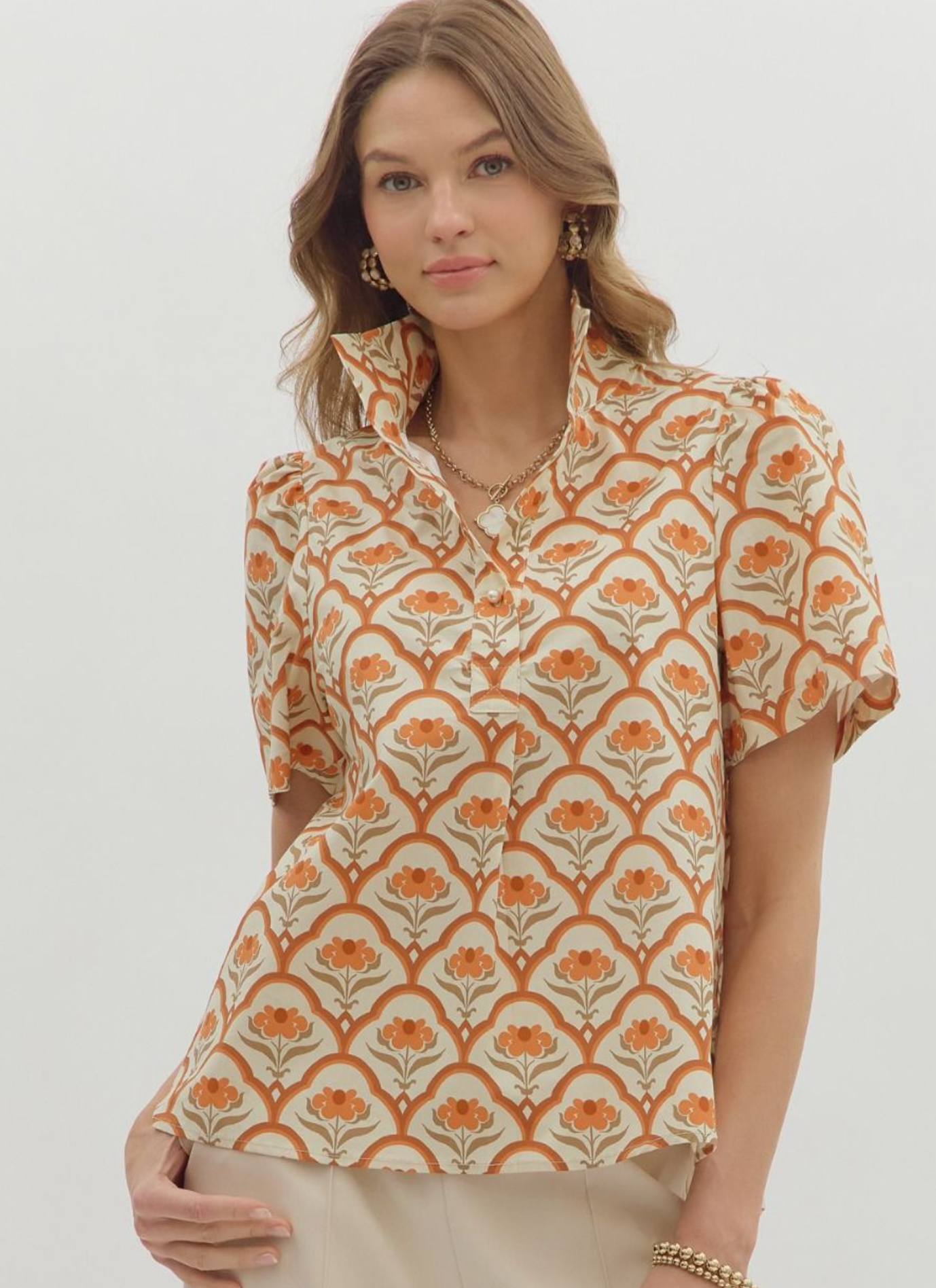 Peach Floral Pattern High Neck Puff Shoulder Short Sleeve Top