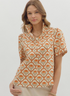 Peach Floral Pattern High Neck Puff Shoulder Short Sleeve Top