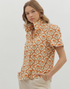 Peach Floral Pattern High Neck Puff Shoulder Short Sleeve Top