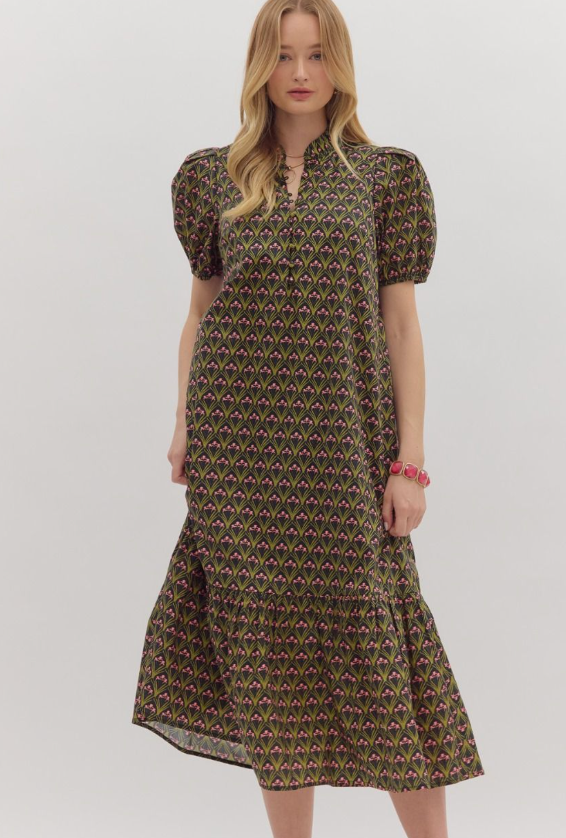 Floral Pleated Puff Sleeve Ruffle Dress