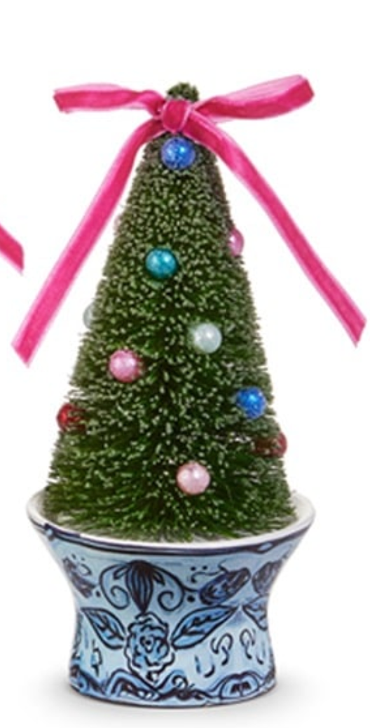 6" Bottle Brush Trees in Chinoiserie Pot Ornament