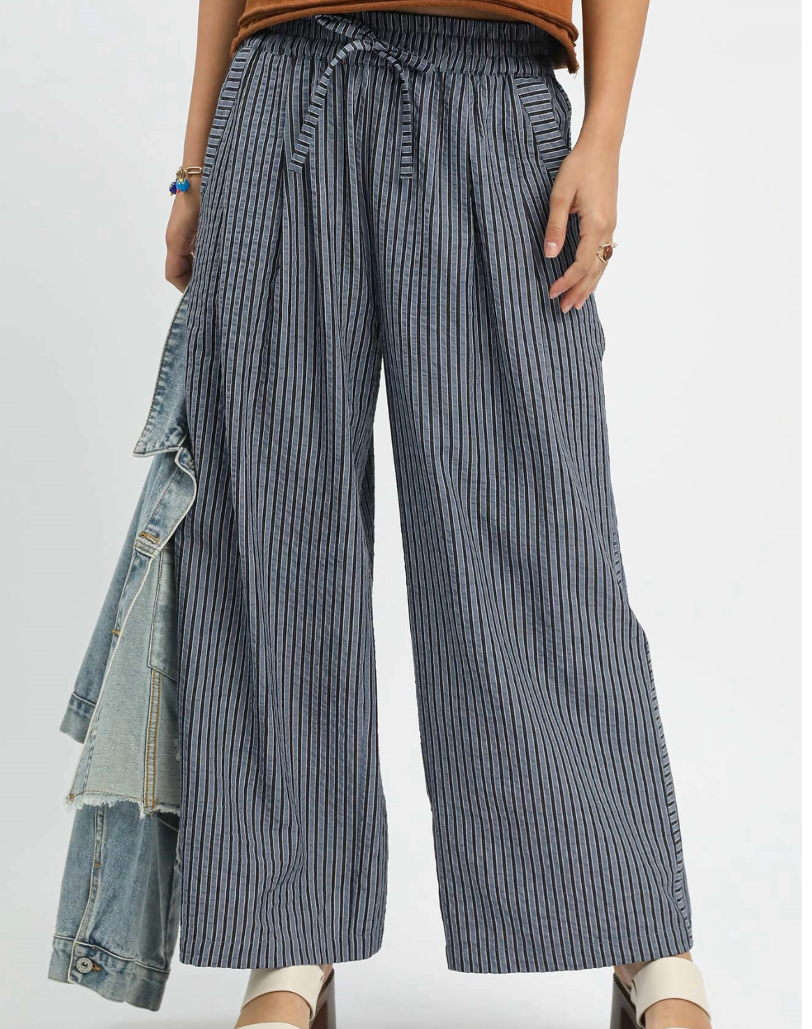 Amelia Striped Wide-Leg Pants – Navy Cotton Blend