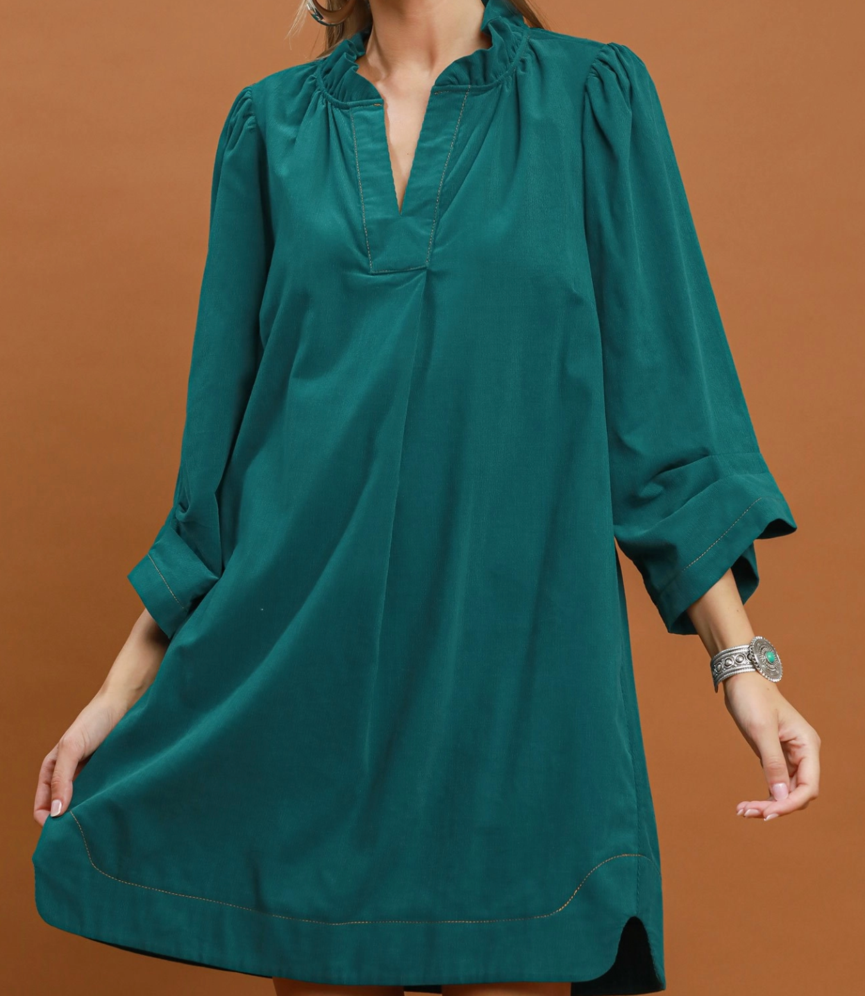 Ava Corduroy Puff Sleeve Shift Dress – Teal with Pockets