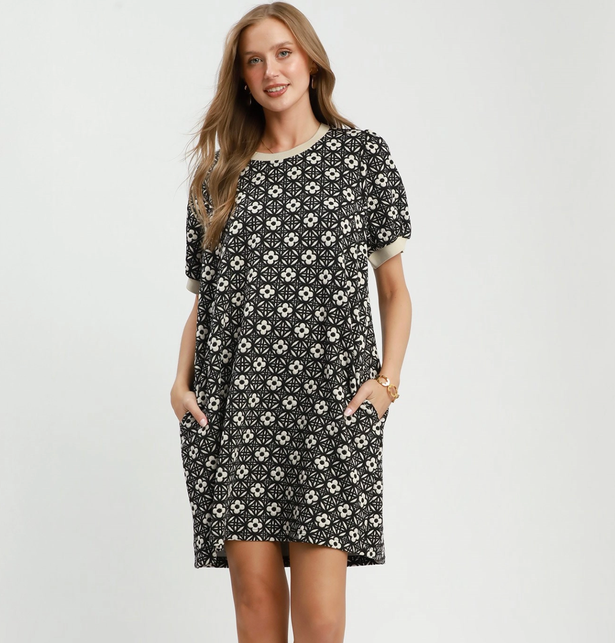 Sofia C6443 Textured Puff Sleeve Mini Dress – Black with Pockets