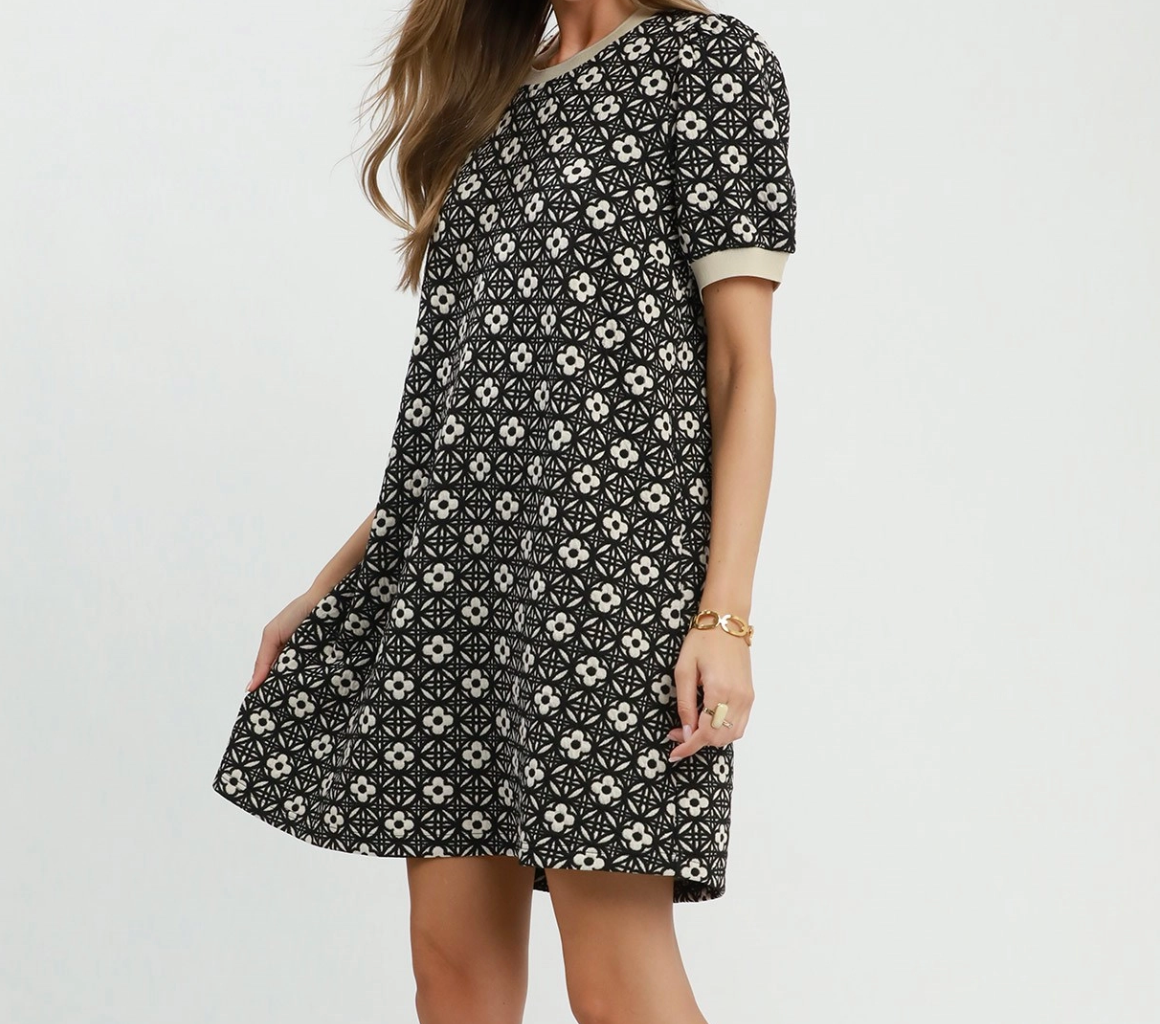 Sofia C6443 Textured Puff Sleeve Mini Dress – Black with Pockets