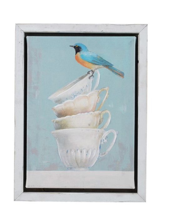 Wood Framed Hand-Painted Canvas Wall Decor with Bird & Mugs/Books, 4 Styles